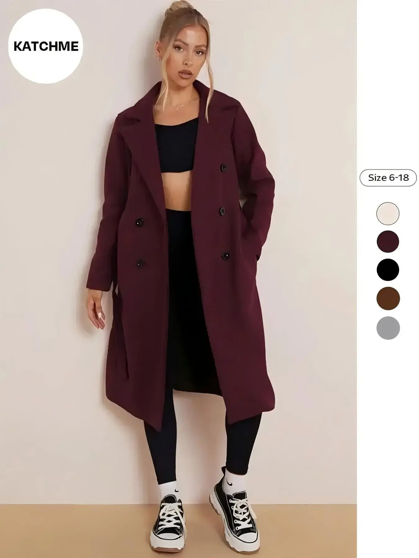 Women's Solid Double Button Belted Pocket Pea Coat, Casual Lapel Neck Long Sleeve Outerwear for Fall & Winter, Women's Clothing for Daily Wear, Coats for Winter Women 2024