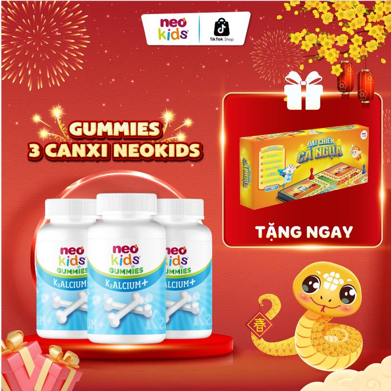 Combo 3 hộp Viên nhai Canxi Neo Kids vị sữa chua bổ sung Canxi, Vitamin D3, K2, MK7 giúp hỗ trợ tăng chiều cao, phát triển xương và răng cho bé yêu