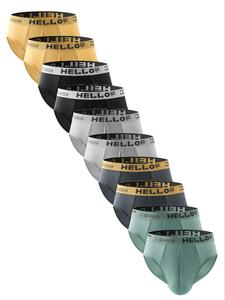 Men's 10pcs Letter Print Tape Waist Brief, Casual Comfortable Breathable Underwear for Daily Wear, Fashion Men's Underwear for All Seasons