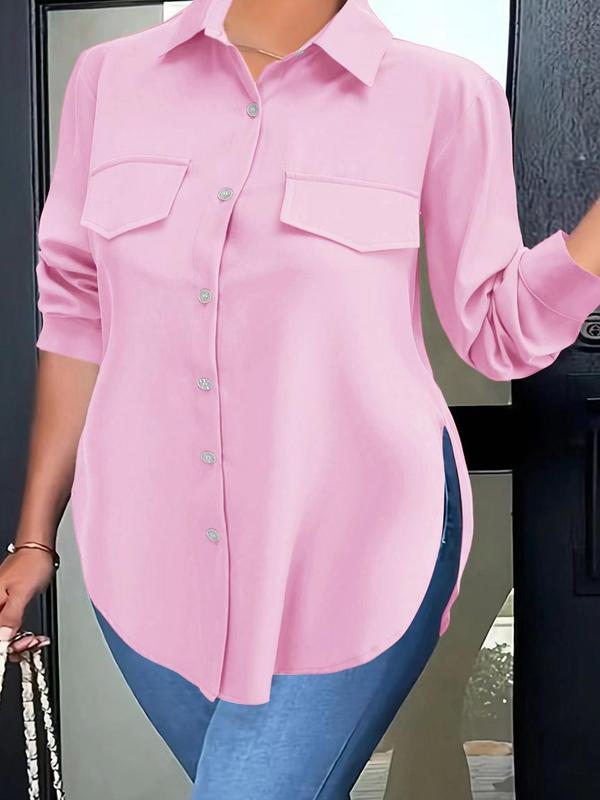 Plus Size Plain Button Front Split Hem Blouse, Casual Long Sleeve Fake Pocket Collared Top for Daily Wear, Women's Plus Clothing for All Seasons, Elegant Plus Size, Shirtswomen 5