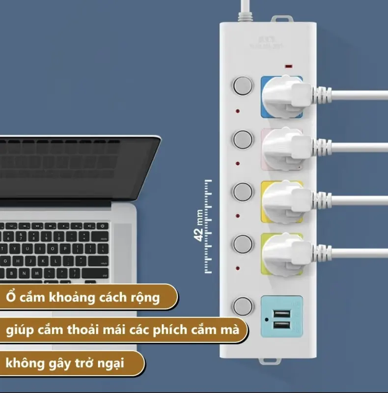 Ổ Cắm Điện Đa Năng Chịu Tải 2500W Dây Dài 4M Ổ Cắm Điện Thông Minh 2 Cổng Cắm USB Chốt Chống Giật An Toàn 6