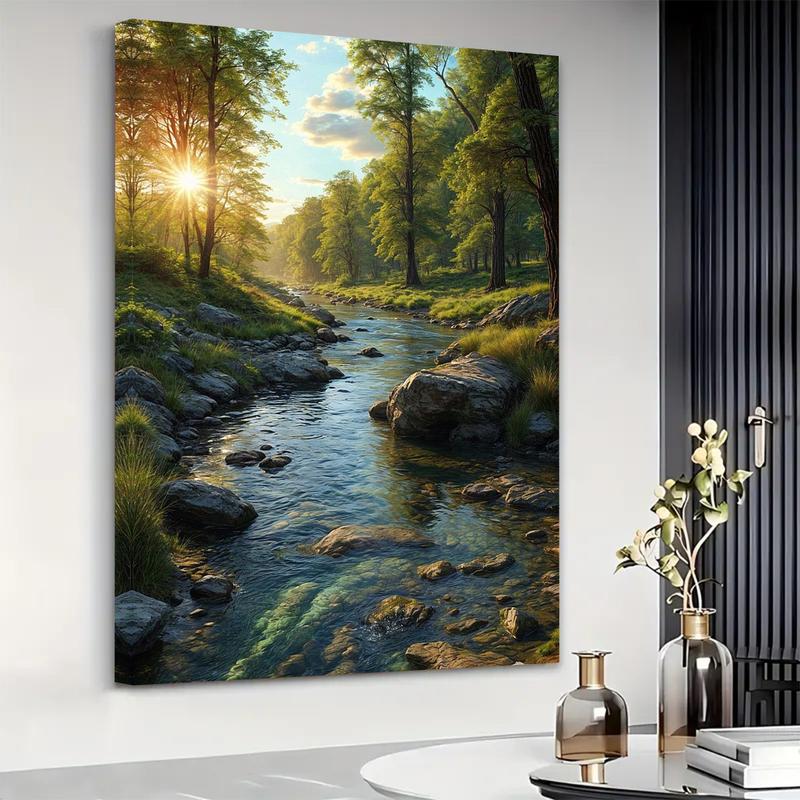 Product Introduction of 1 Piece Vibrant Forest Stream Canvas Art - 40.64x 60.96cm Elegant Frame Wall Decoration, Waterproof Wooden Frame, Home, Bedroom, Office Tranquil Nature Scene - Hangable, Ideal Gift for Friends and Family, Outdoor Decoration 3