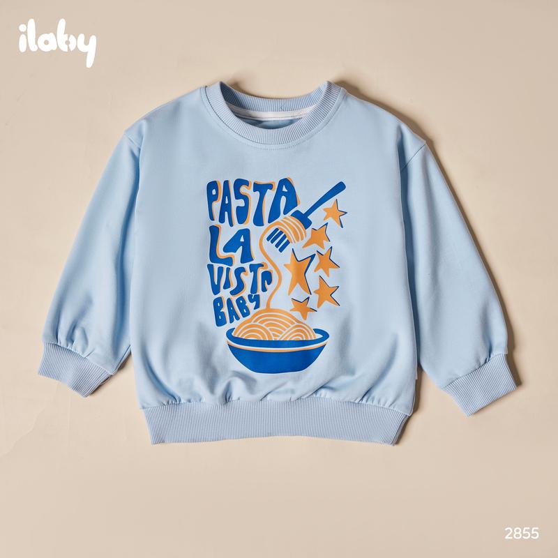 XẢ KHO Áo sweater bé trai ILABY chất nỉ in chữ Pasta màu xanh tươi sáng năng động 2855