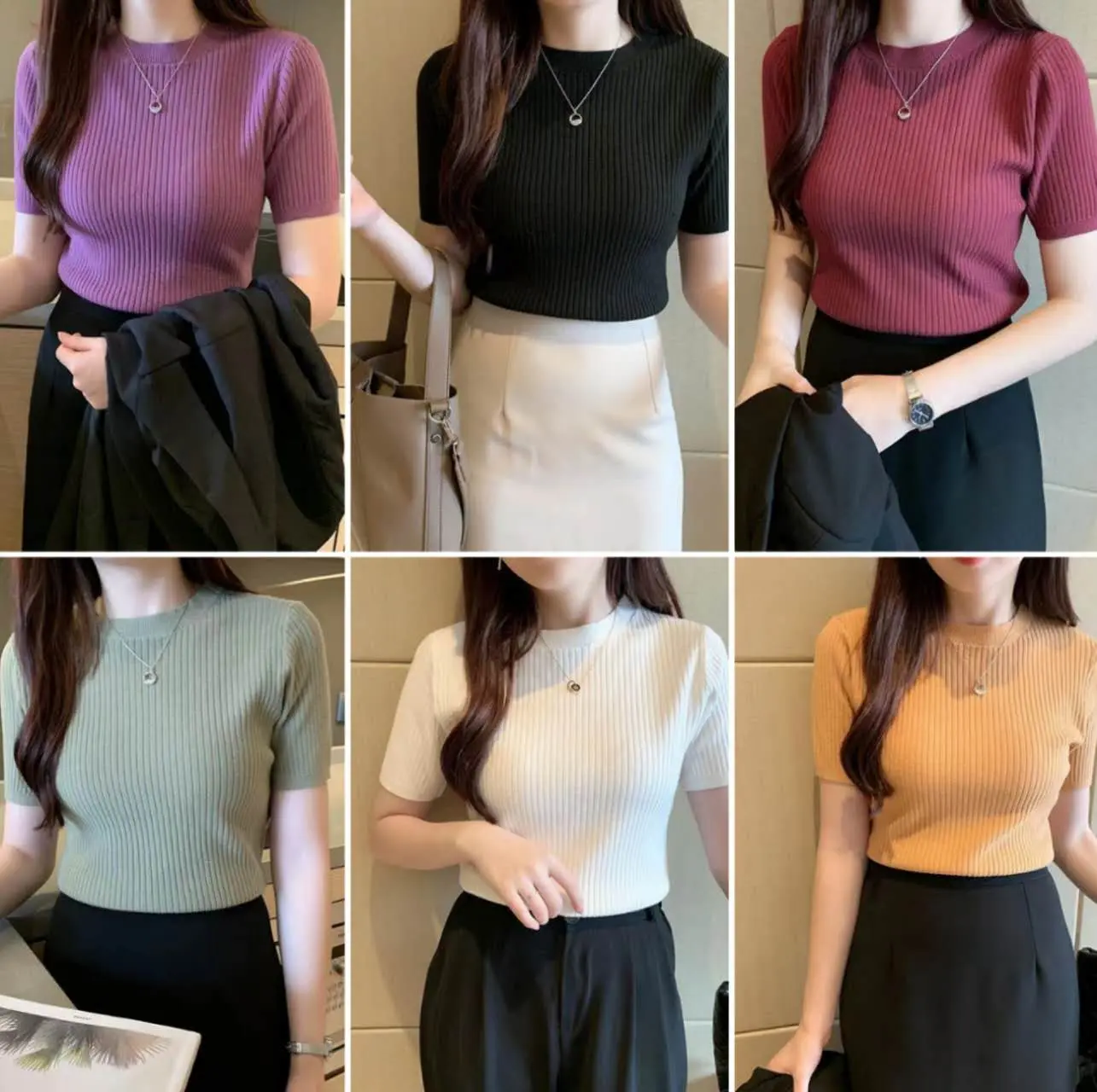 เสื้อแขนสั้นผู้หญิง เสื้อแฟชั่นผู้หญิงสีพื้น เสื้อไหมพรมคอกลม ชุดใส่ทำงาน ใส่ไปเที่ยว คุณภาพดี ใส่สบาย