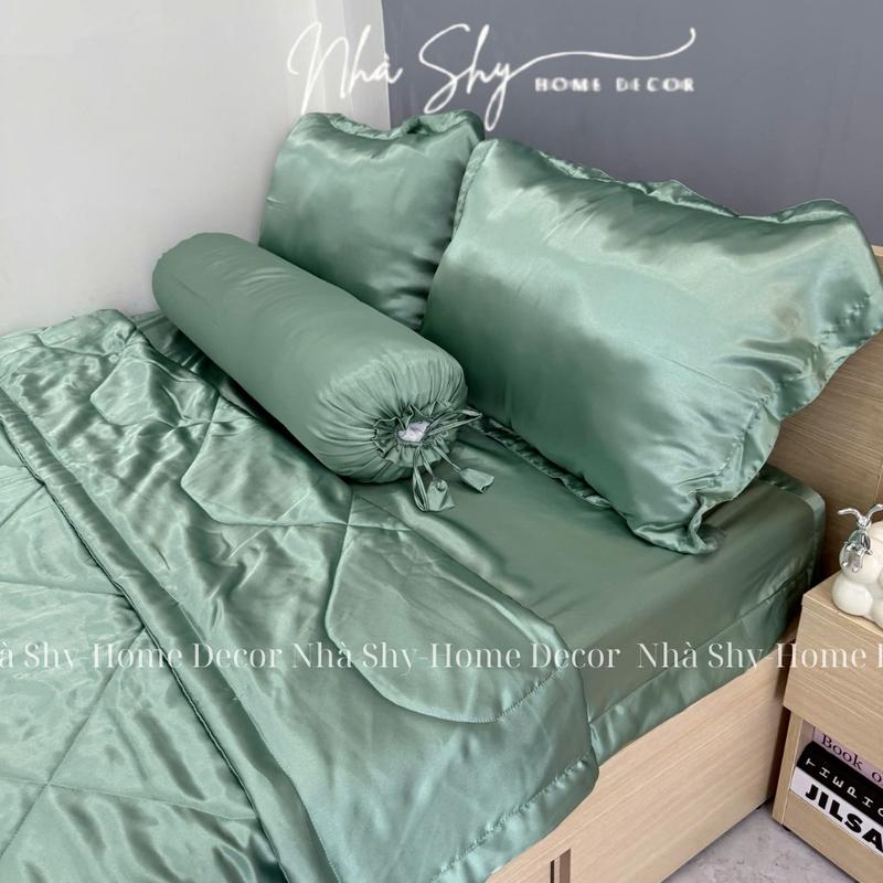  Bộ Chăn Gra Phi Lụa 5 Món Màu Xanh Ngọc - Set 4 món không mền  set 5 món có mền - Nhà Shy 