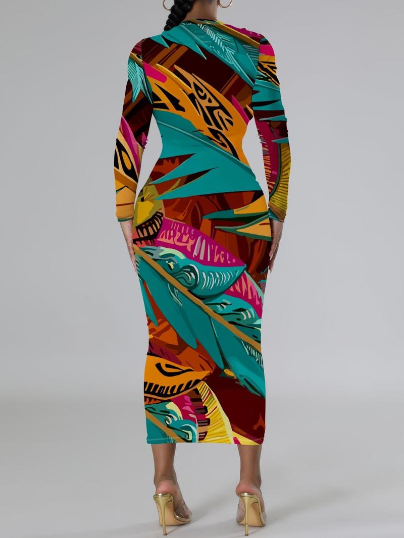 Product Introduction of Women's Colorblock Print Round Neck Bodycon Dress, Fashion Casual Long Dress for Daily Outdoor Wear, Women Dress for Spring Fall 9