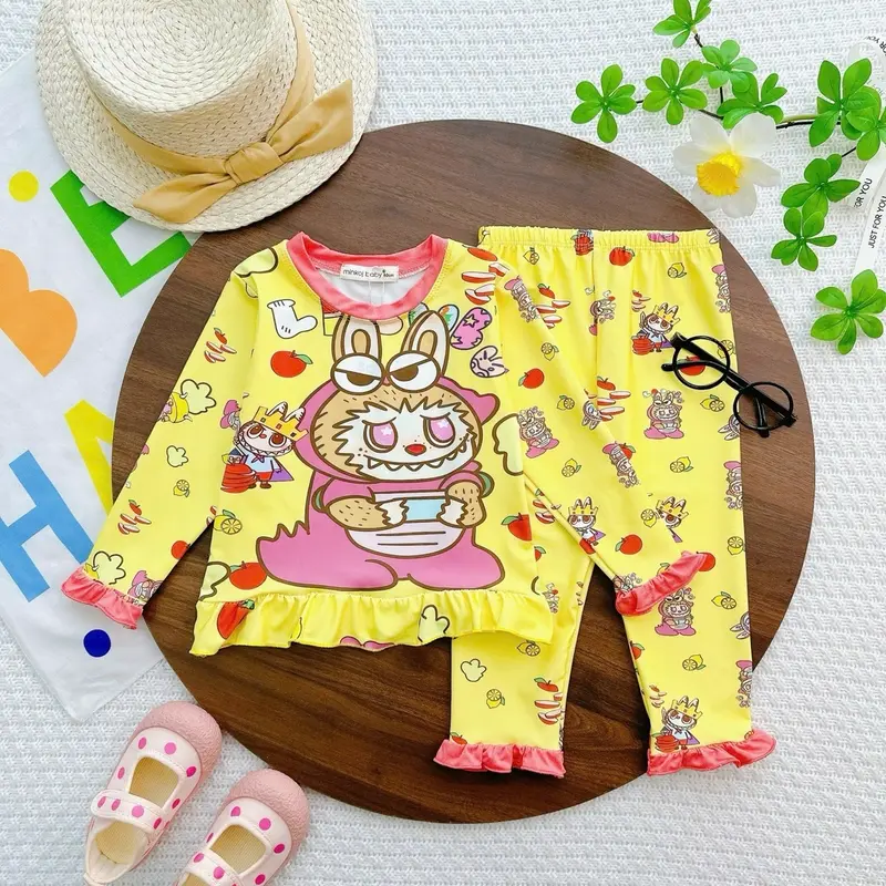 FREESHIP- Bộ Dài Tay Cho Bé Gái Thun Lạnh 3D MINKOJ BABY Cho Bé Từ 7-30kg In Hoạt Hình LABUBU Chất Co Giãn 4 chiều mềm 2