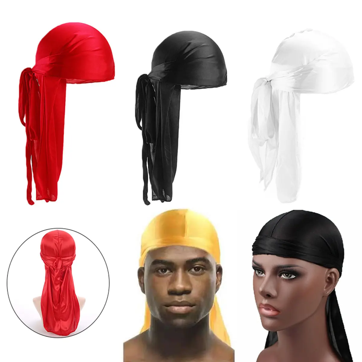 Durag Silk Pirate Cap for Men Women Soft Fashion Extra Long Headwrap
