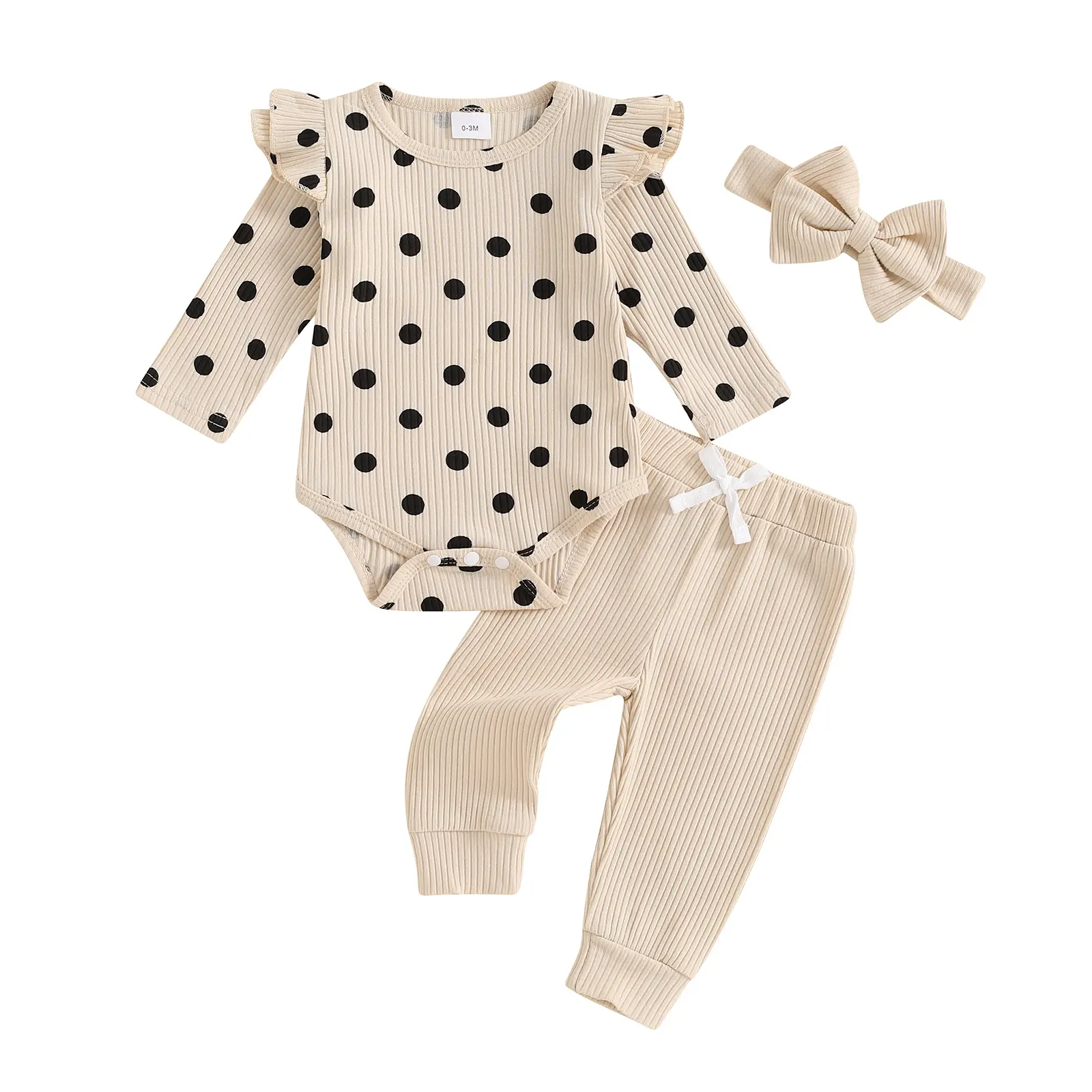 Baby Girls Fall Outfit, 0-18 Months Long Sleeve Dots Print Romper with Pants and Bowknot Headband Clothing Set