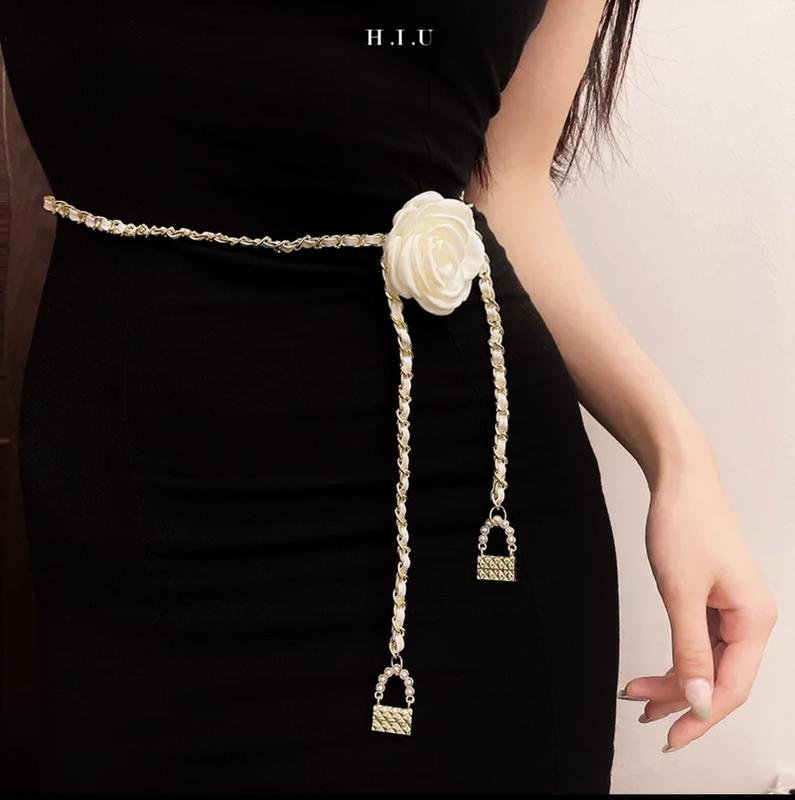 Thắt lưng da nữ mặt Hoa Trà H.I.U Fashion dây belt sợi xích mix da xinh kiểu hàn quốc HIU design