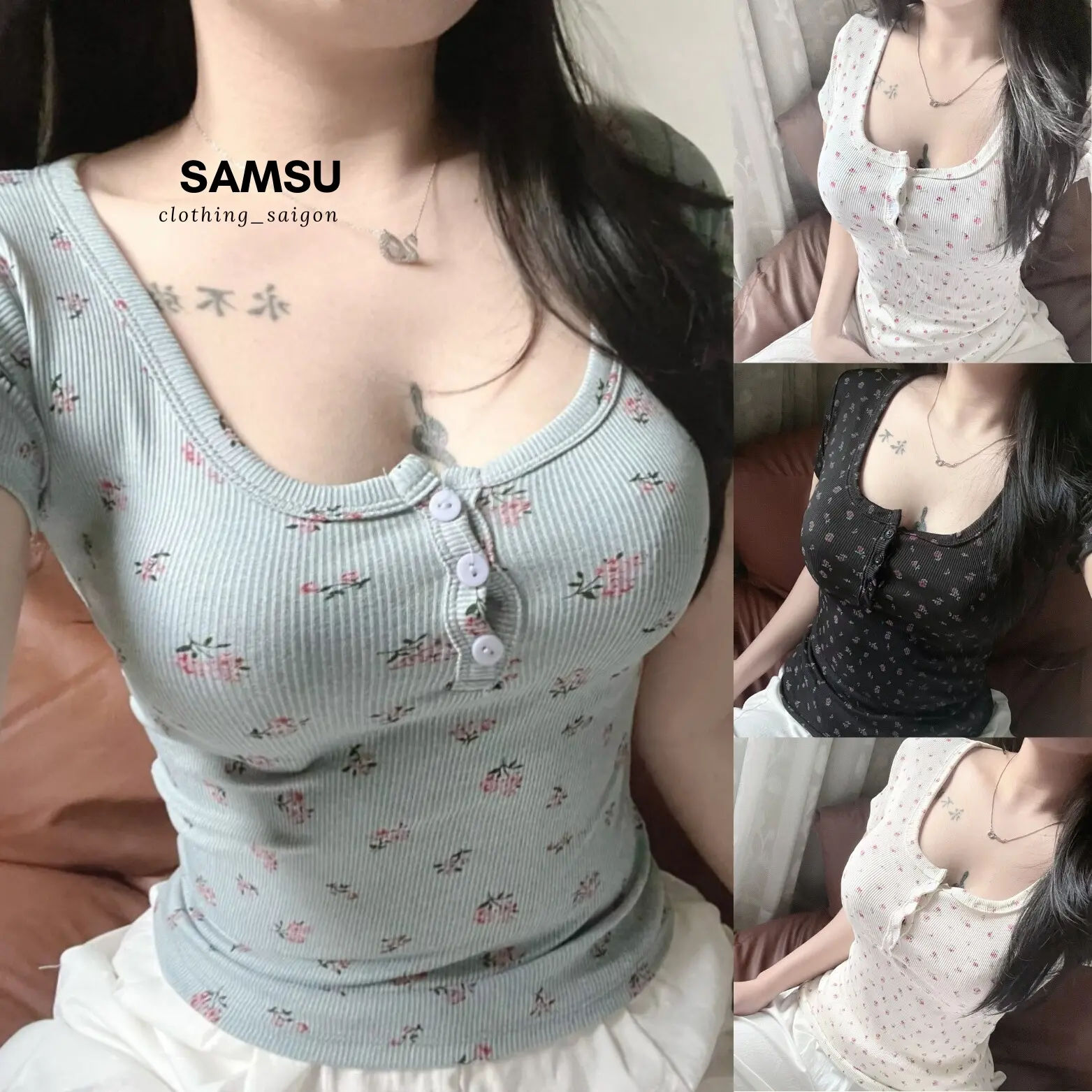 Áo thun nữ tay ngắn cổ tròn hoạ tiết hoa nhí phong cách Hàn Quốc chất thun tăm lạnh ôm body Samsu.clothing_saigon Women Top Kem Dáng Ngắn Nhung