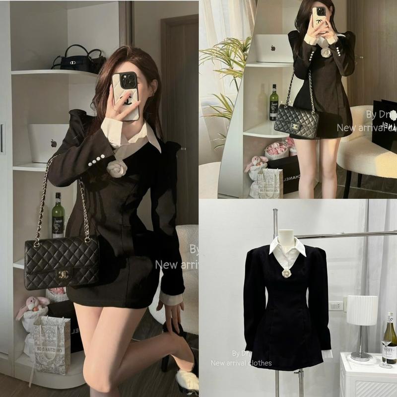 Váy Dạ Tex Mỏng Phối Cổ Sơmi Tặng Kèm Hoa Trà Cài Áo Tiểu Thư-Dành cho Nữ-1713