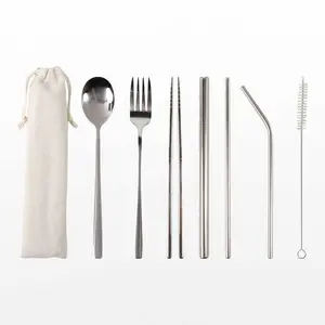 Set Alat Makan Sendok Garpu Sumpit Sedotan Cutlery with Pouch - T1 Peralatan Perlengkapan Stainless Steel Kitchenware