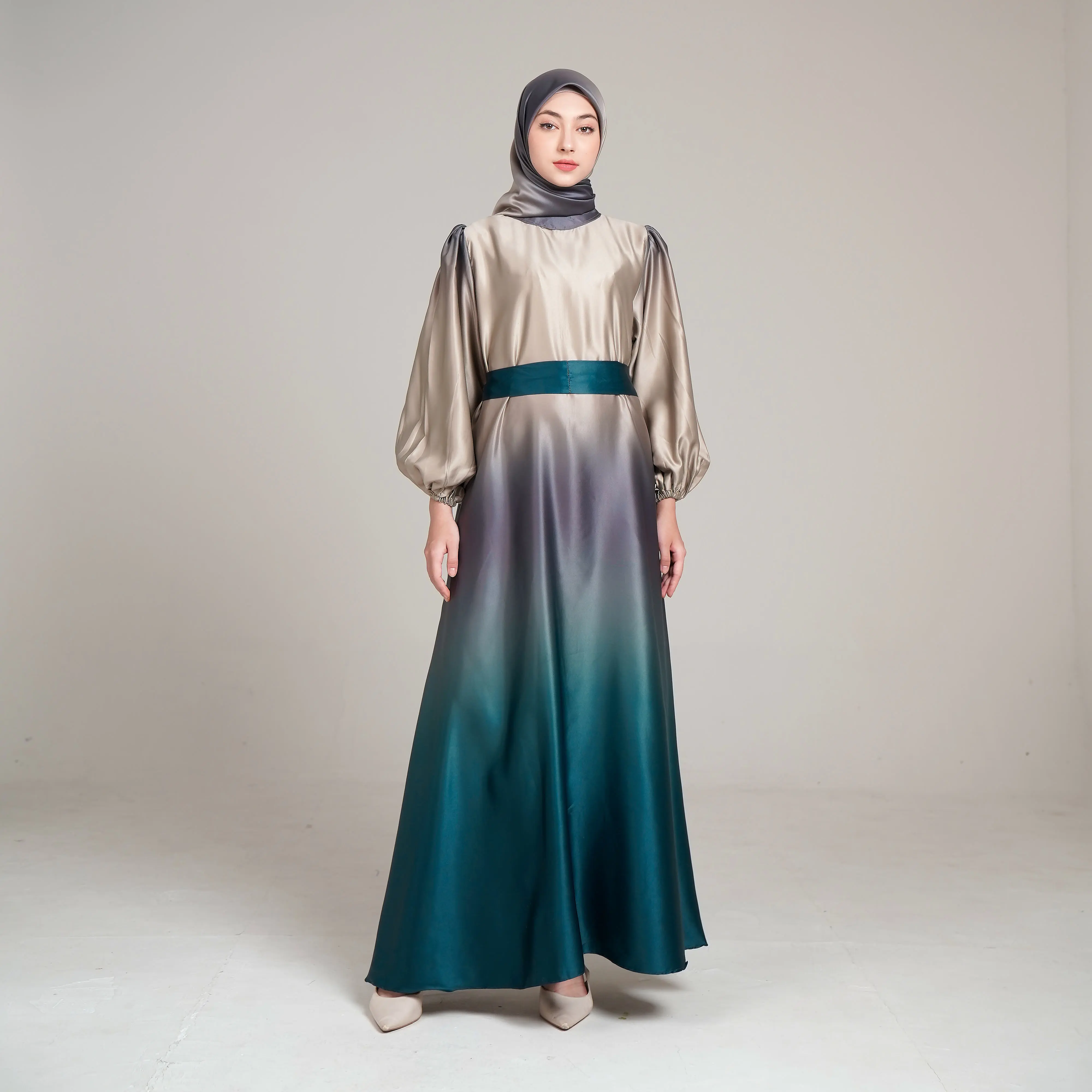 Candy Outfitku - Alyana Set Hijab Segiempat Silk Gradasi Free Belt Gamis Dress Syari Muslim Pesta