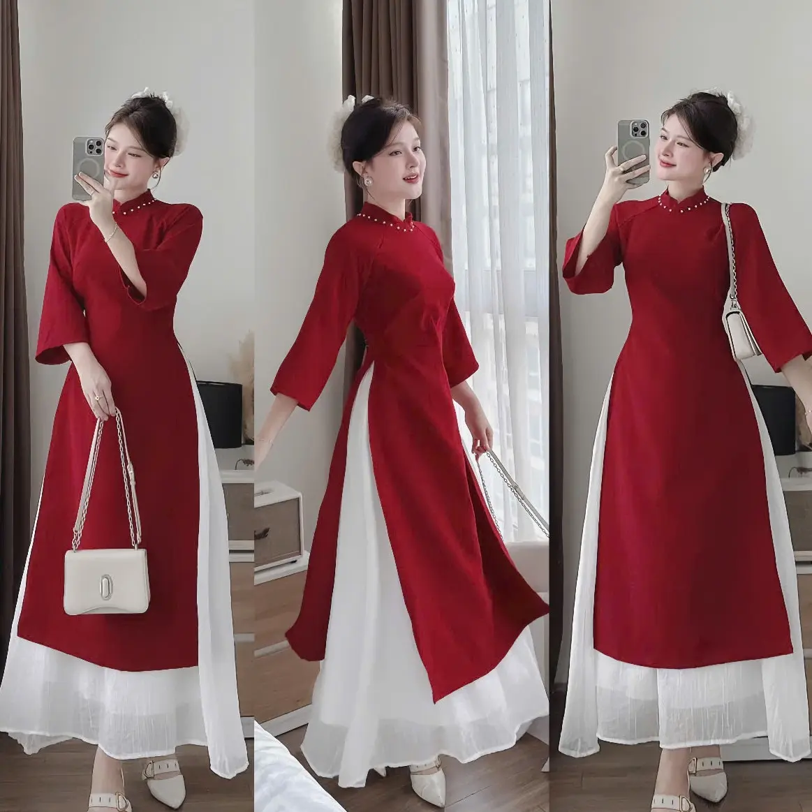 Set váy nữ áo dài nhung thiết kế tay lững cổ tròn dính cườm mix chân váy tơ 2 lớp dáng xòe sang chảnh dành cho các nàng diện di chơi,di tiệc.