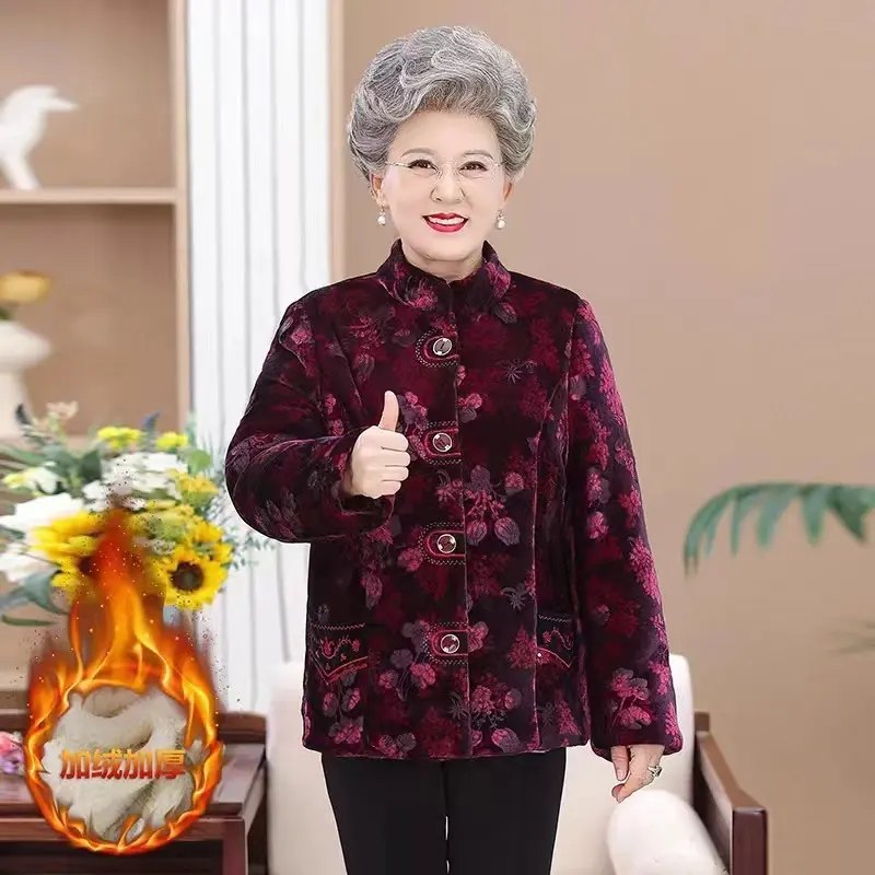 Áo khoác nhung hoa lót nỉ bông dành cho bà, cho cụ già Mùa đông Mùa đông