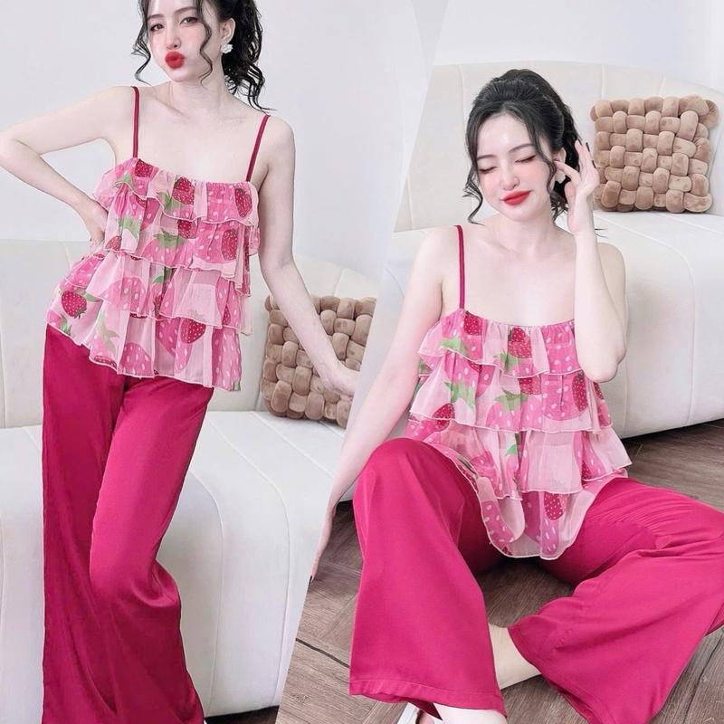 [ 40-60kg ] Bộ Dài Nữ Mặc Nhà 2 Dây Vải Voan Tơ 4 Tầng Lót Lụa - Quần Ngủ, Women Tua Rua Nhung Voi Kem Nho Áo Lịch