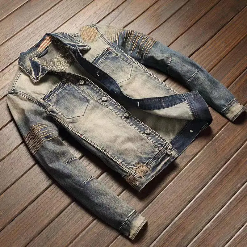 Áo Khoác Denim Đi Xe Máy, Cổ Bẻ Áo Ga Châu Âu, Phong Cách Cổ Điển Và Mỏng Vừa Vặn, Áo Thời Trang, Dành Cho Nam Giới, Áo Khoác Thường Ngày Hợp Xu hướng Phong Cách Mỹ