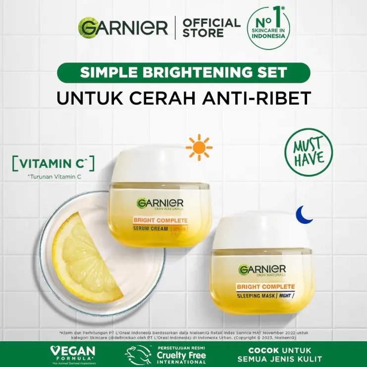 Paket Skincare Garnier Bright Complete Vitamin C Simple Set - Krim Pagi & Krim Malam Mencerahkan (Day Cream 50 ml + Night Cream 50 ml)