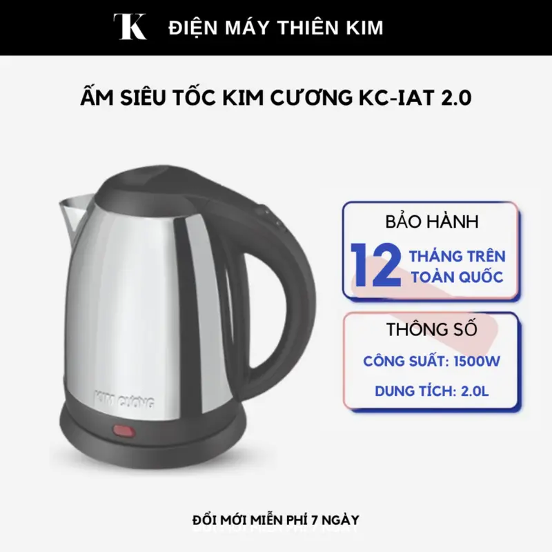 Ấm siêu tốc Kim Cương KC-IAT 2.0 - 2.0L 1500W, không gỉ, đun sôi nhanh, bảo hành 12 tháng toàn quốc, Ấm đun nước siêu tốc, Bình đun nước 0