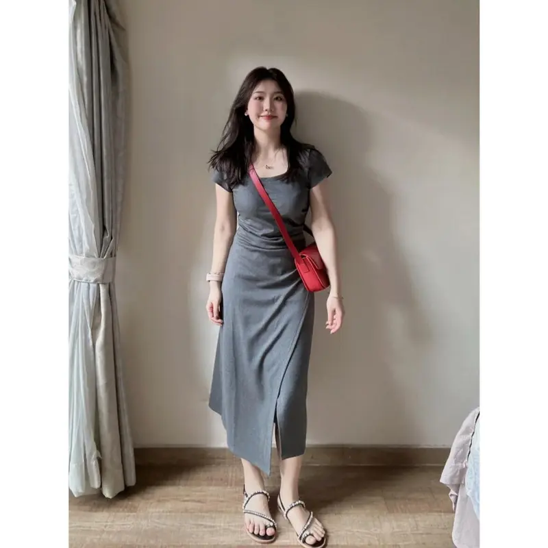 Váy ngắn Tay Màu Xám, Cổ Vuông, Thiết Kế Đẹp, Dành Cho Nữ, Váy Bodycon Xích Thắt Eo Xiacnee, Váy Dài Xẻ Tà, Thanh Lịch, Thời Trang, Năm 2025 1