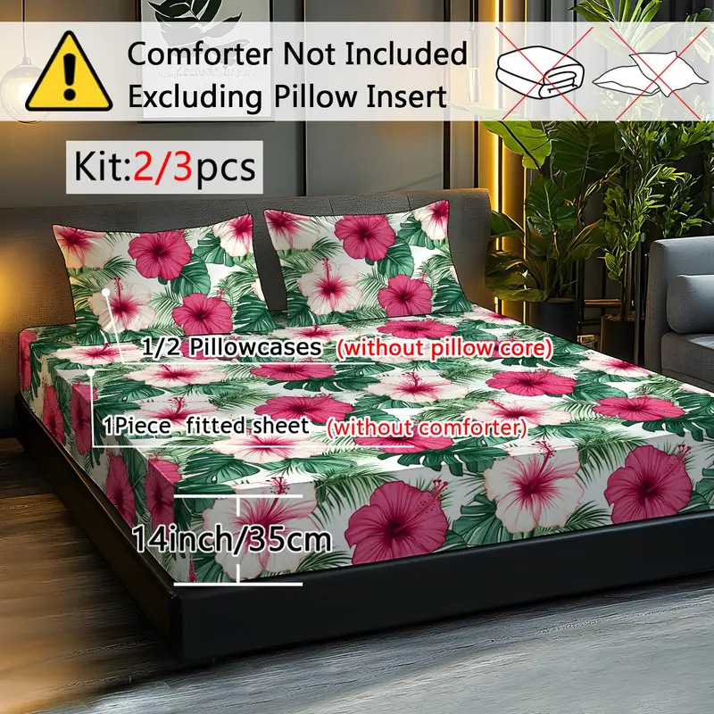 Floral Print Bed Set, 2/3 Counts/set Including 1 Fitted Sheet & 1/2 Pillowcases without Filler, Soft Comfortable Breathable Bedding Supplies for Home 4
