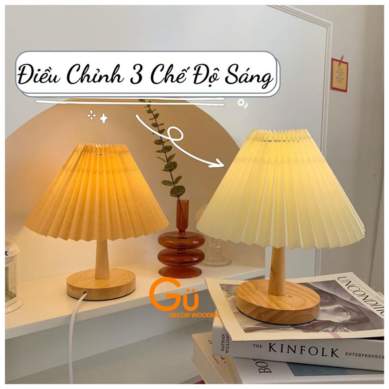 Đèn ngủ để bàn thân gỗ phong cách Hàn Quốc,Đèn xếp ly 3 chế độ ánh sáng