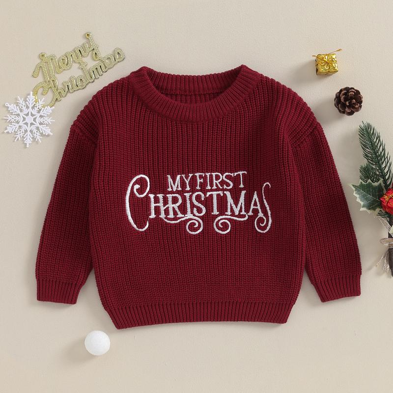 Baby Girls Christmas Knit Sweater Beige Long Sleeve Letter Print Pullover Knitwear 4