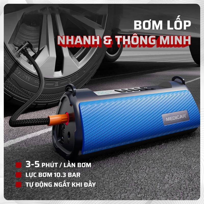 Product Introduction of Máy bơm lốp kích bình 4in1 Medicar - Bơm lốp ô tô tốc độ cao, kích bình xe hơi an toàn, đèn chiếu sáng, sạc dự phòng 4