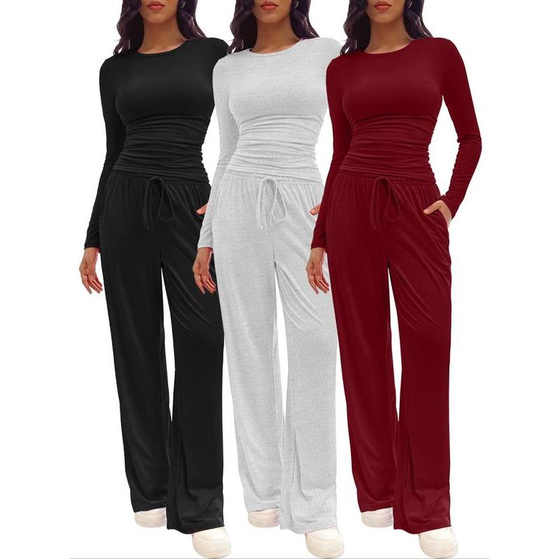 Two-piece Set Women's Solid Ruched Tee & Drawstring Pocket Pants Lounge Set, Casual Long Sleeve T-shirt & Elastic Waist Trousers, Pyjamas for Women, Ladies Sleepwear for All Seasons,  Lounge Tracksuit Women 1