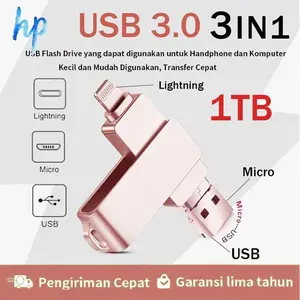 3 in 1 OTG Flashdis USB3.0 1TB/128GB/512GB/32GB/64GB Flashdisk Penyimpanan Data, Flash Drive, Pen Drive Logam untuk IP/Android/PC [Lightning+Micro+USB]