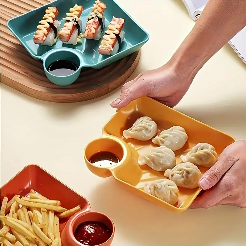 4pcs Dumpling Plate With Sauce Dish, Creative Square Snack Plate, Household Dipping Plate For Kitchen Dining Room Round Set 2