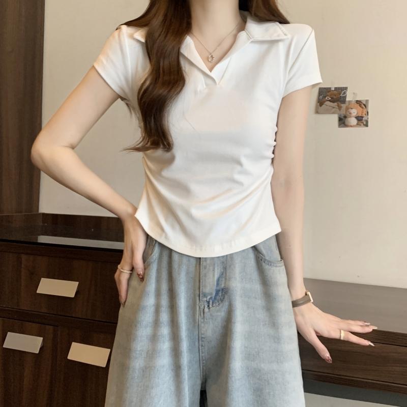Product Introduction of 106 # Real Shot Real Price 40s Pure Cotton 210g (92% Cotton/8% Spandex) Polo Collar Waist-Cinching Short Sleeve T-Shirt for Women Top Womenswear 6