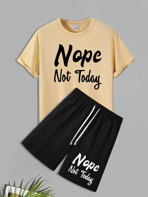 Men's Regular Fit Nope Not Today Letter Print Short Sleeve Tee & Shorts Set, Casual Round Neck T-shirt & Track Shorts, Men's Two-piece Outfits for Daily Wear 6