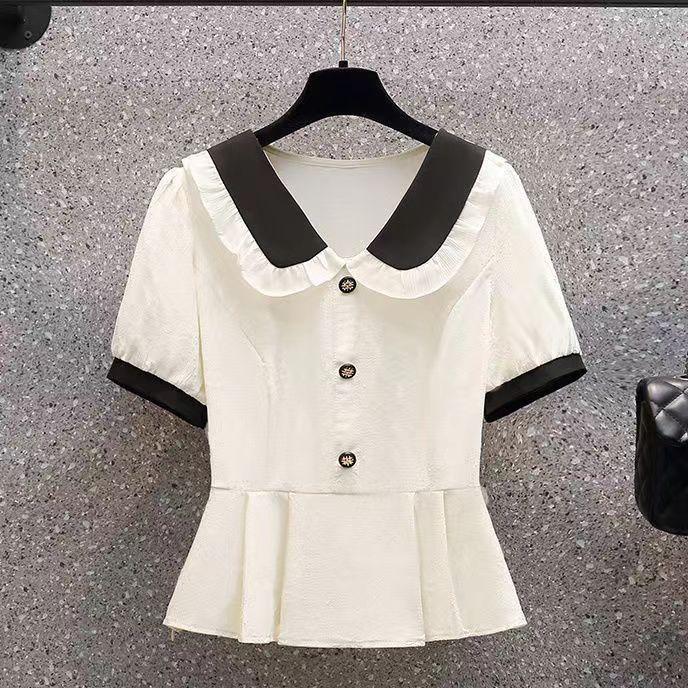 Product Introduction of Áo Sơ Mi Cổ Búp Bê Ngắn Tay, Dành Cho Nữ, Phong Cách Mùa Xuân Và Mùa Hè 2024, Eo Bó Sát, Phong Cách Phương Tây, Áo Sơ Mi Nhỏ Đẹp, Áo Chống Lão Hóa, Ôm Sát, Hàng Mới Về 23