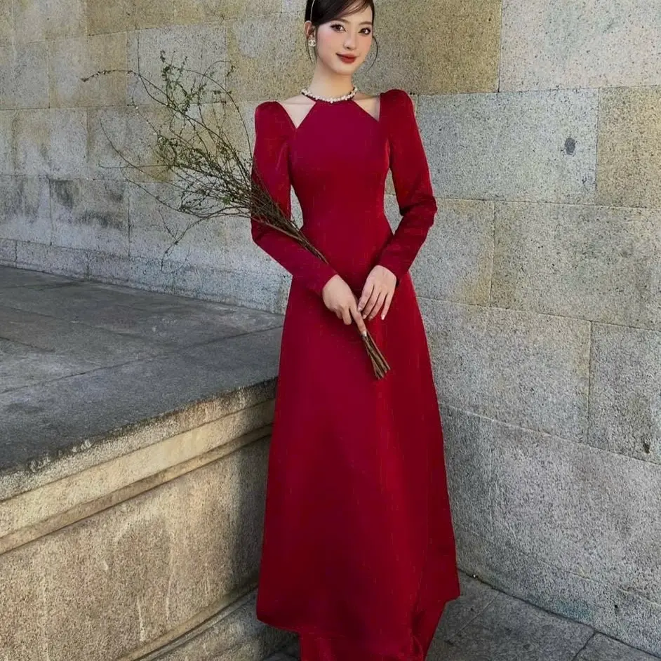 Set áo dài tafta quần suông viền cổ ÁO DÀI -MAI sang trọng phù hợp đi tiệc đi dạy chụp ảnh mặc tết Nữ Dress Women Voi Nhung vaytet a odai dang suong Đỏ