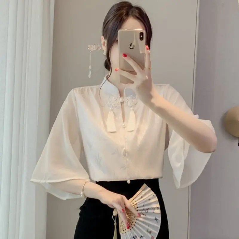 Áo Cánh Phong Cách Trung Quốc Dành Cho Phụ Nữ, Dáng Rộng Vừa Vặn, ngắn Tay Áo, Áo Sơ Mi Trắng, Ngoại Cỡ, Thời Trang, Thanh Lịch, Áo Cổ Điển 3