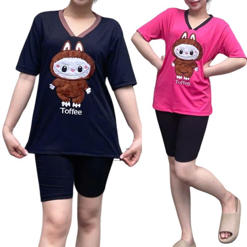 Set Đồ Nữ Đẹp Sang Chảnh Bigsize La Bu Bu Quần Lửng Ngố Thun Gân Tăm Lạnh Chữ Thêu ESHOP Đồ Bộ Nữ Áo Tay Ngắn Mặc Nhà Thoải Mái Xinh DB568 Top