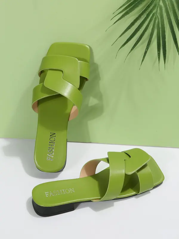 Women's Fashionable Solid Color Flat Sandals, New Trend Braided Design Slide Sandals, Square Toe Slippers, Casual Comfortable Shoes for Summer 1