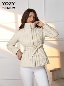 YOZY Women's Solid Color Pocket Button Front Belted Puffer Coat, Casual Long Sleeve Stand Collar Outerwear for Fall & Winter, Women's Clothing for Daily Wear