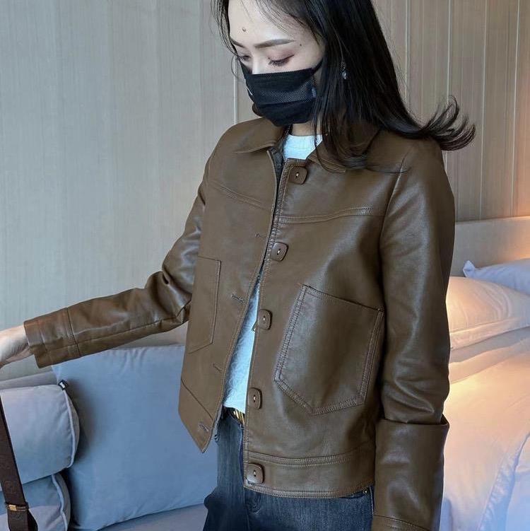 Áo Khoác Da Nữ Cổ Bẻ Quảng Châu Cao Cấp Màu Đen Nâu 9610