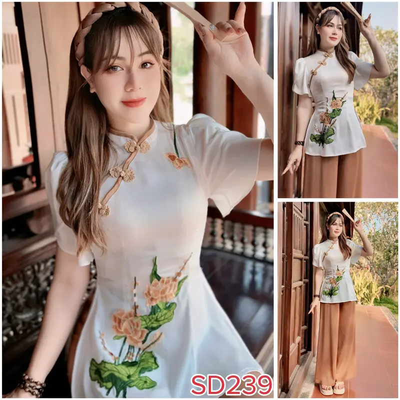 Bộ Bà Ba Đi Lễ Chùa (SD239) Bộ Đồ Lam Đi Chùa Hoa Sen Thêu Tay Phối Tréo Dễ Thương 7