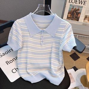 Fresh Ice Silk Striped Short Sleeve Knitted Top for Women Summer 2025 Polo Collar Unique Short Top