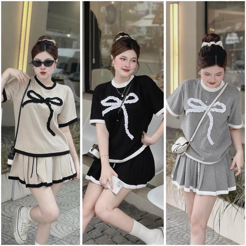 S33 Set Len Lông Thỏ Nơ Kèm Chân Váy Xoè Ngắn Women Nữ Nhung Kem Áo Xám