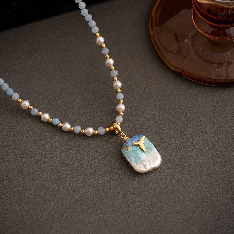 Product Introduction of Baby Costume Jewelry Oil painting style Baroque pearl pendant necklace, new Chinese style earrings, light luxury, niche, antique style collarbone chain, round pearl chain 6