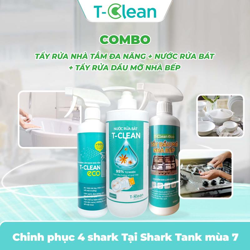   COMBO_06   TẶNG 1 Viên VSMG + 2 Miếng Chà  Chai Xịt Tẩy Rửa Nhà Tắm Đa Năng  500ml  + Nước Rửa Chén Bát + Chai Xịt Tẩy Rửa Dầu Mỡ Nhà Bếp  500ml  - T-Clean - Làm Sạch Hiệu Quả Và An Toàn 