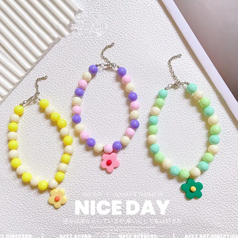 Pet Beads Chain Dog Cat Necklace Collar with Flower Pendant Adjustable Fashion Jewelry Accessories for Small Dogs Puppy