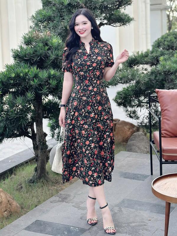 Đầm váy hoa dáng dài thiết kế Nhật Vy tay bí tiểu thư cổ tàu chất lụa mango phù hợp đi chơi du lịch - D3130 Dress Nhung