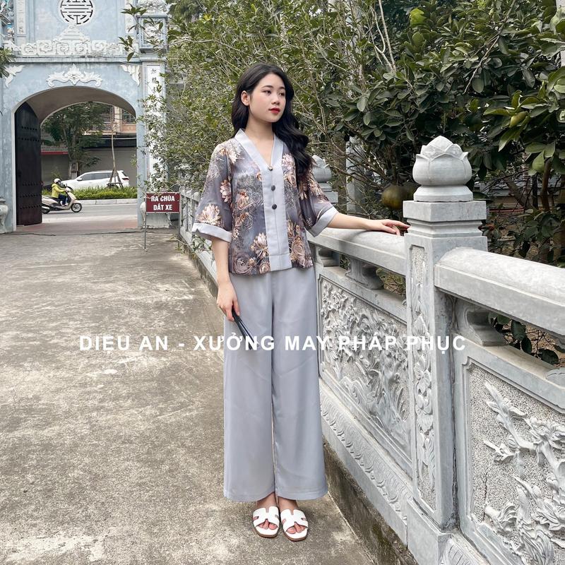 Set Lụa Đi Chùa Cao Cấp Màu Xám Đậm 3