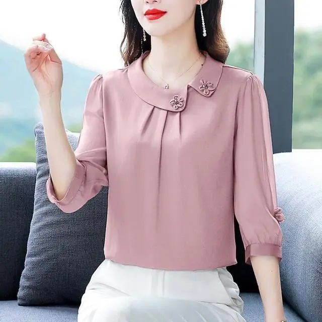Áo Voan, Cao Cấp, Hàng Mới Về Mùa Hè, Phong Cách Phương Tây, Cao Cấp Cho Mẹ TRUNG NIÊN, Tay Áo Dài Ba Phần Tư, Dáng Rộng Che Bụng, Chống Lão Hóa, Áo Hàng Đầu